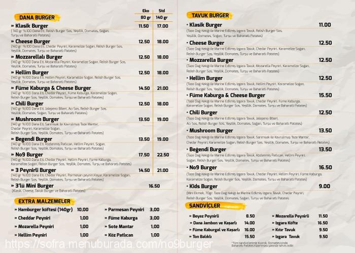 No9 Burger, Çankaya Menü Fotoğrafı