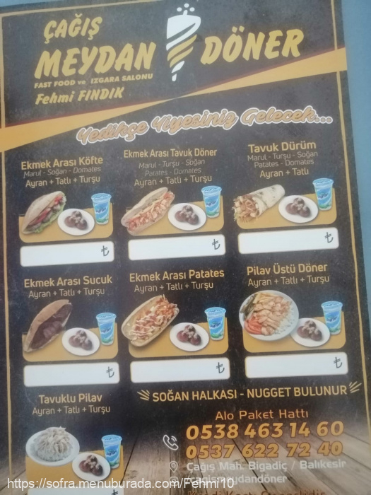 Çağış Meydan Döner, Çağış Menü Fotoğrafı