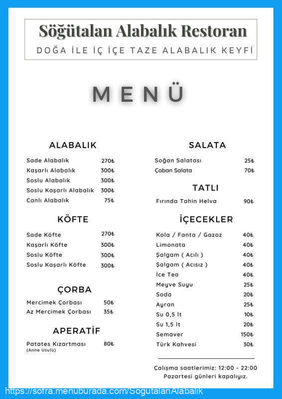 Söğütalan Alabalık Restoran, Söğütalan Menü Fotoğrafı