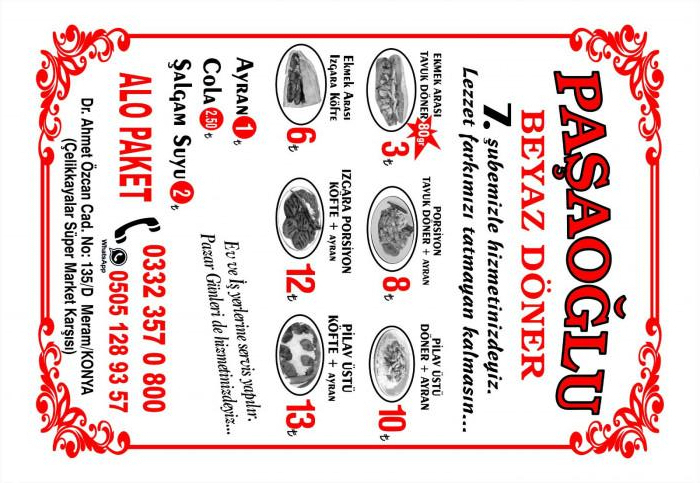 Paşaoğlu Döner, Meram Menü Fotoğrafı