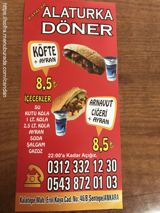 Kayalar Alaturka Döner, Kalatepe Menü Fotoğrafı