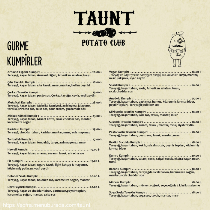 Taunt Potato Club, Cafeağa Menü Fotoğrafı