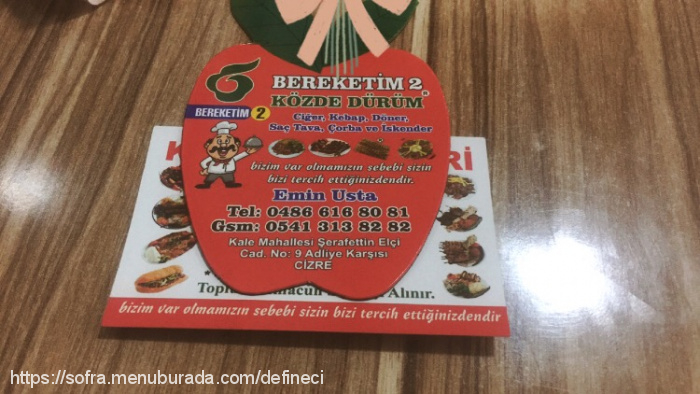 Bereketim Yemek Salonu, Kozağaç Menü Fotoğrafı