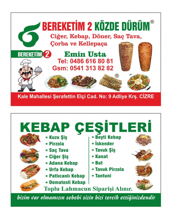Bereketim Yemek Salonu, Kozağaç Menü Fotoğrafı