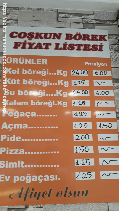 Coşkun Börek Pide Salonu, Kazım Karabekir Menü Fotoğrafı