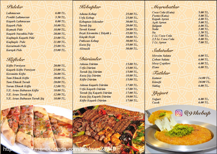 Kebap 94, Aydınevler Menü Fotoğrafı