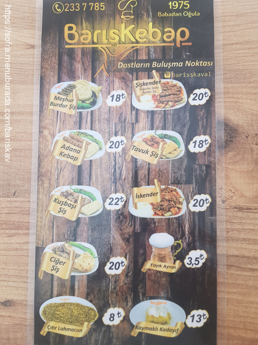 Barış Kebap, Burç Menü Fotoğrafı