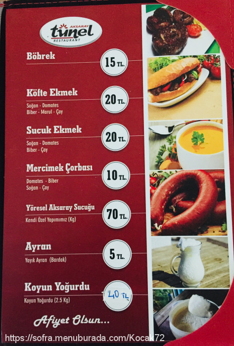 Tünel Restaurant, Yeni Cami (Taşpınar Belediyesi) Menü Fotoğrafı