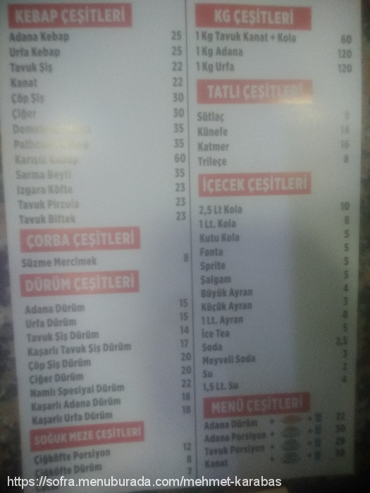 Fatih Namlı Dürüm, Fatih Menü Fotoğrafı