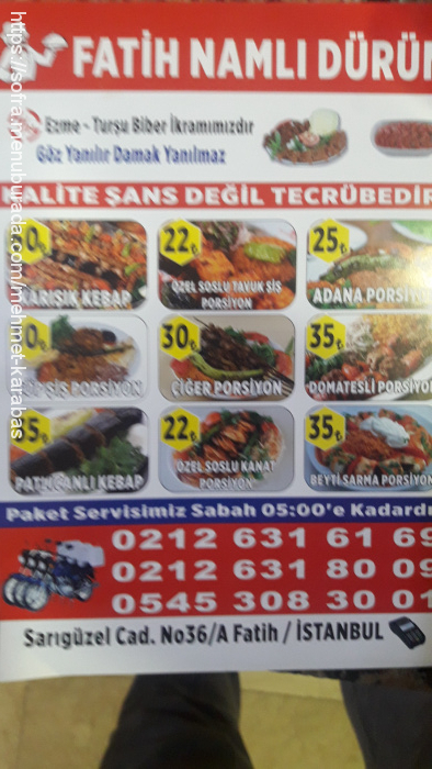 Fatih Namlı Dürüm, Fatih Menü Fotoğrafı