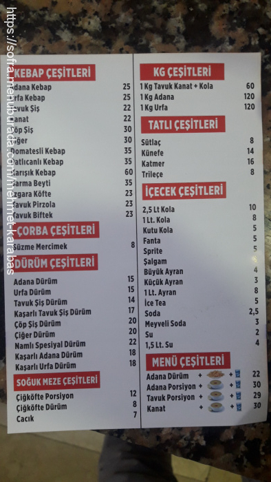 Fatih Namlı Dürüm, Fatih Menü Fotoğrafı