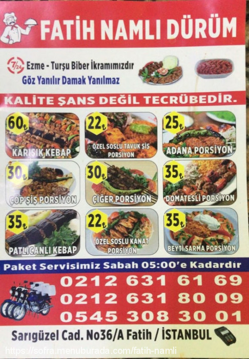 Fatih Namlı Dürüm, Fatih Menü Fotoğrafı