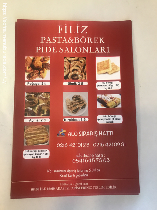 Filiz Börek Salonu, Başıbüyük Menü Fotoğrafı