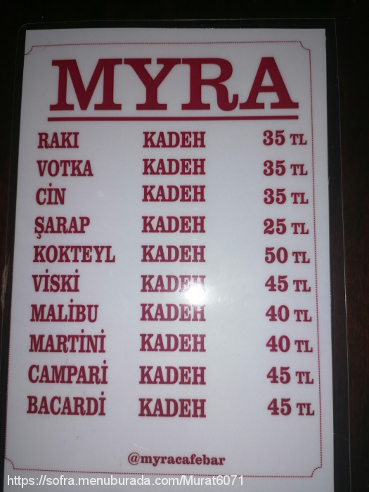 Myra Cafe Bar, Taksim Menü Fotoğrafı