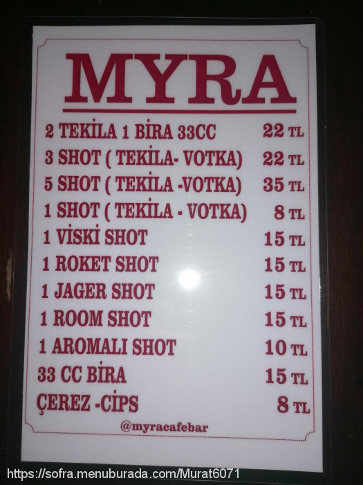 Myra Cafe Bar, Taksim Menü Fotoğrafı