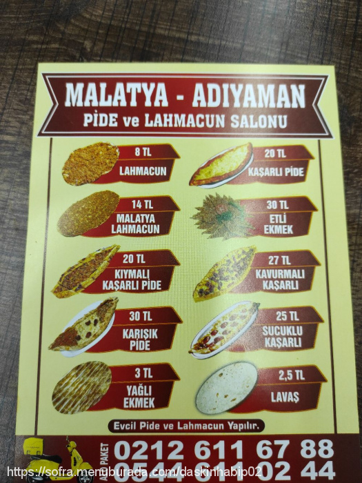 Malatya Adıyaman Pide Ve Lahmacun Salonu, Fevzi Çakmak Menü Fotoğrafı